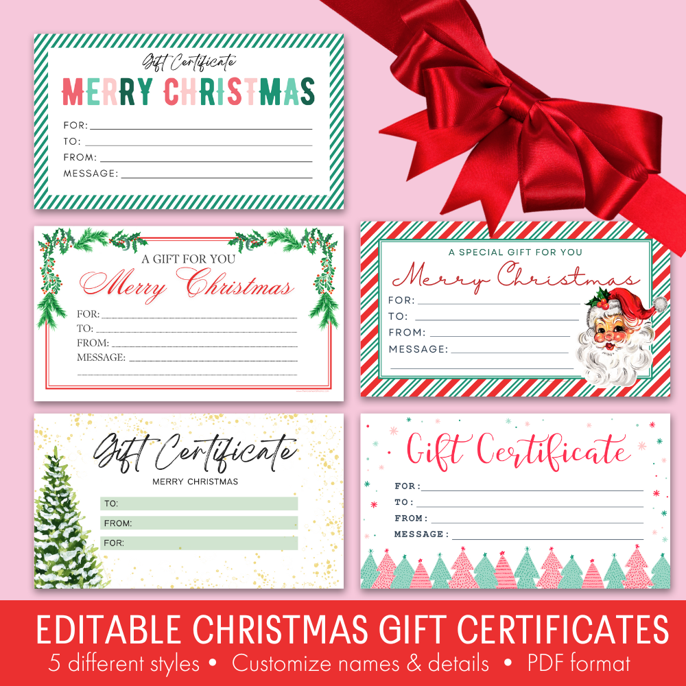Editable Christmas Gift Certificate Printables - INSTANT DOWNLOAD