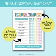 Load image into Gallery viewer, Editable Screen Time Checklists Printables for Kids - Summer & After School - INSTANT DOWNLOAD