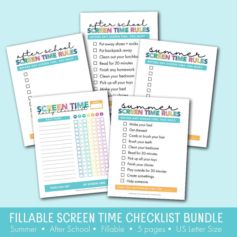Editable Screen Time Checklists Printables for Kids - Summer & After School - INSTANT DOWNLOAD