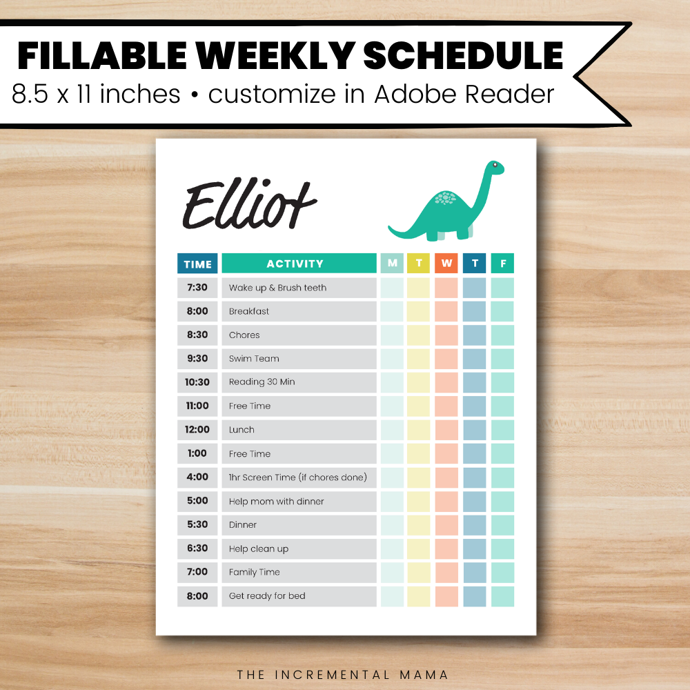 Green Dino Kid's Daily Schedule - Fillable Instant Download