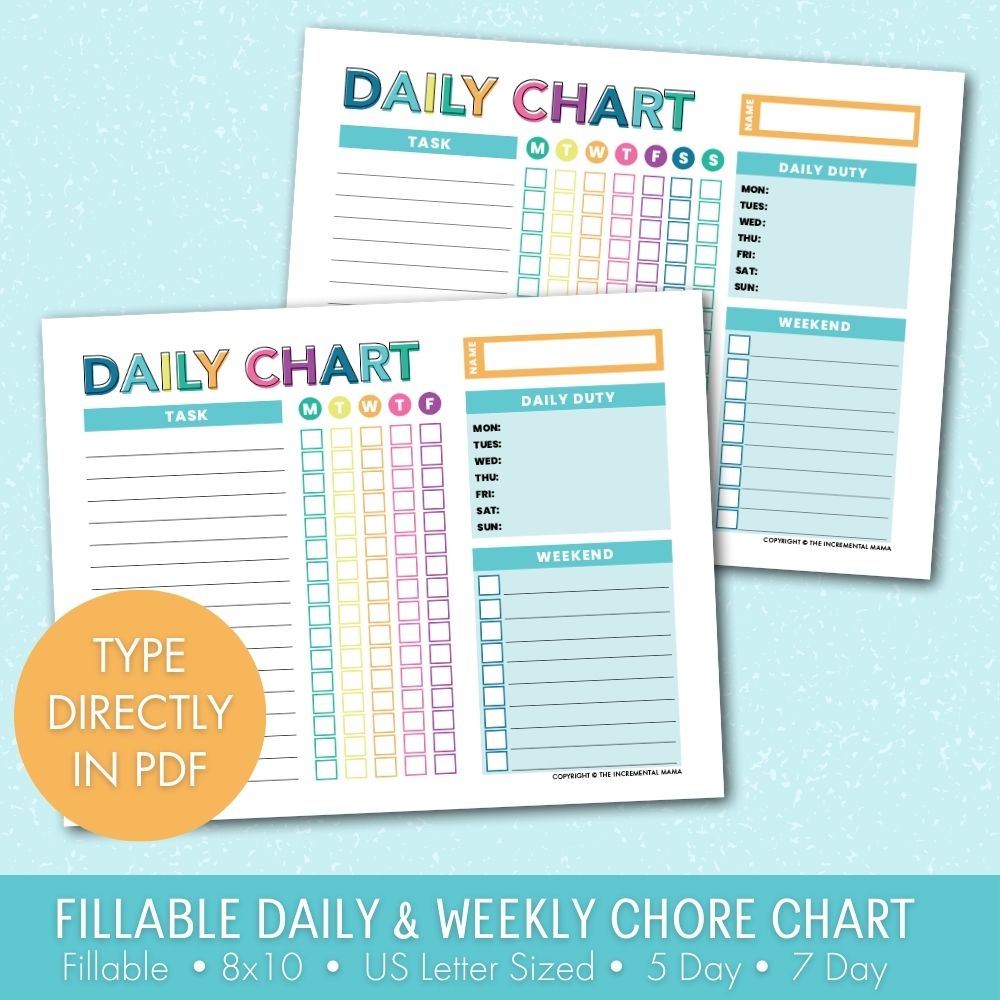 Daily Chore Chart for Kids with Daily, Weekly, and Rotating Tasks - Instant Download