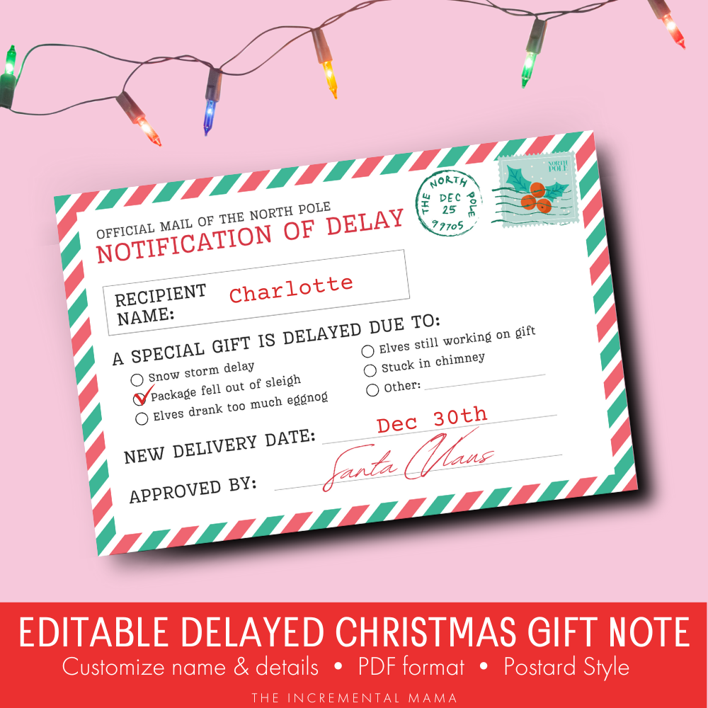 Editable Delayed Christmas Gift Printable Postcard from Santa - INSTANT DOWNLOAD