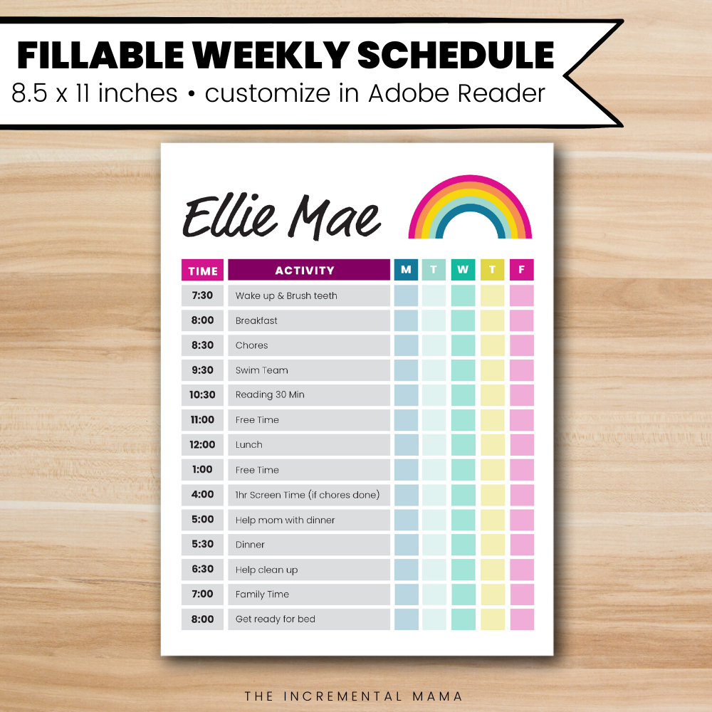 Rainbow Kid's Daily Schedule - Fillable Instant Download