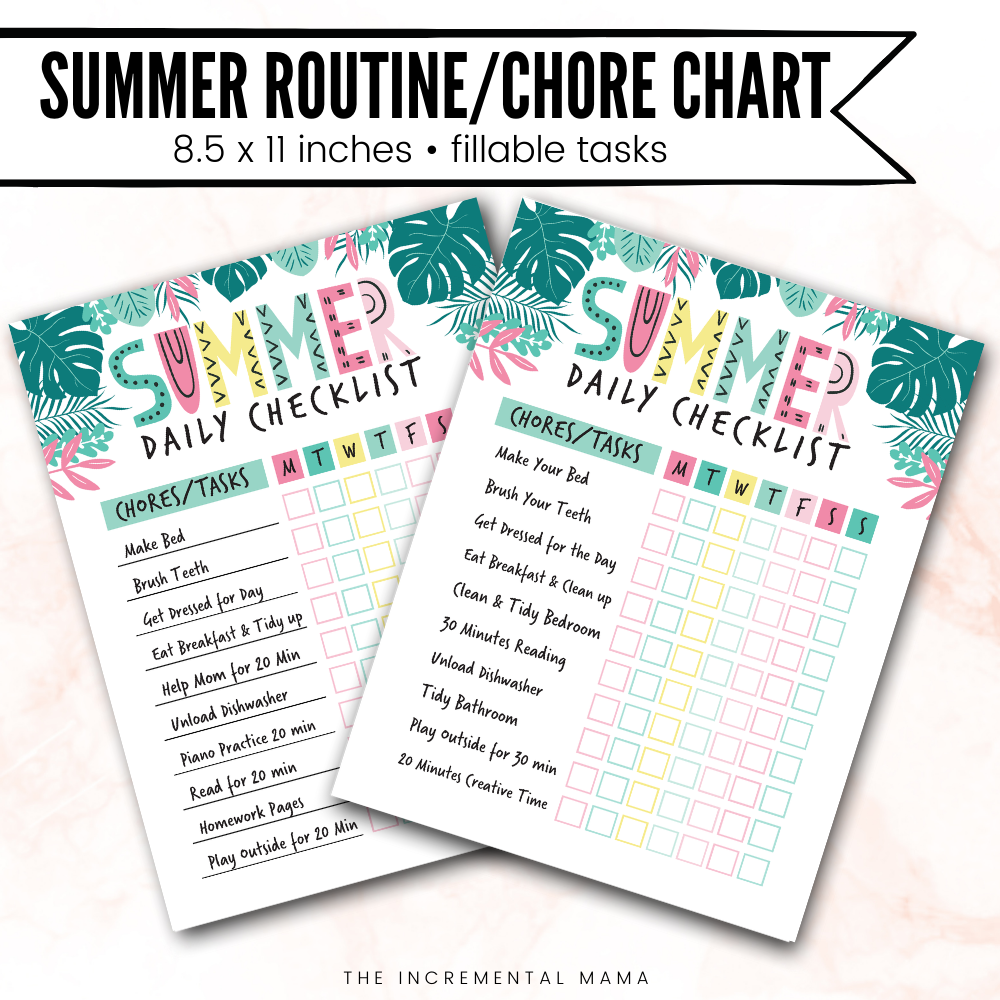 Summer Chore Chart for Kids/Routine Chart (Editable PDF) - Instant Download