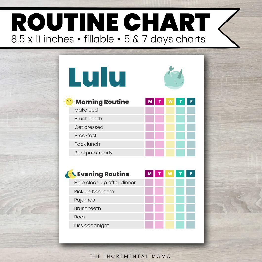 Narwhal Morning/Evening Routine Chart - Fillable Instant Download