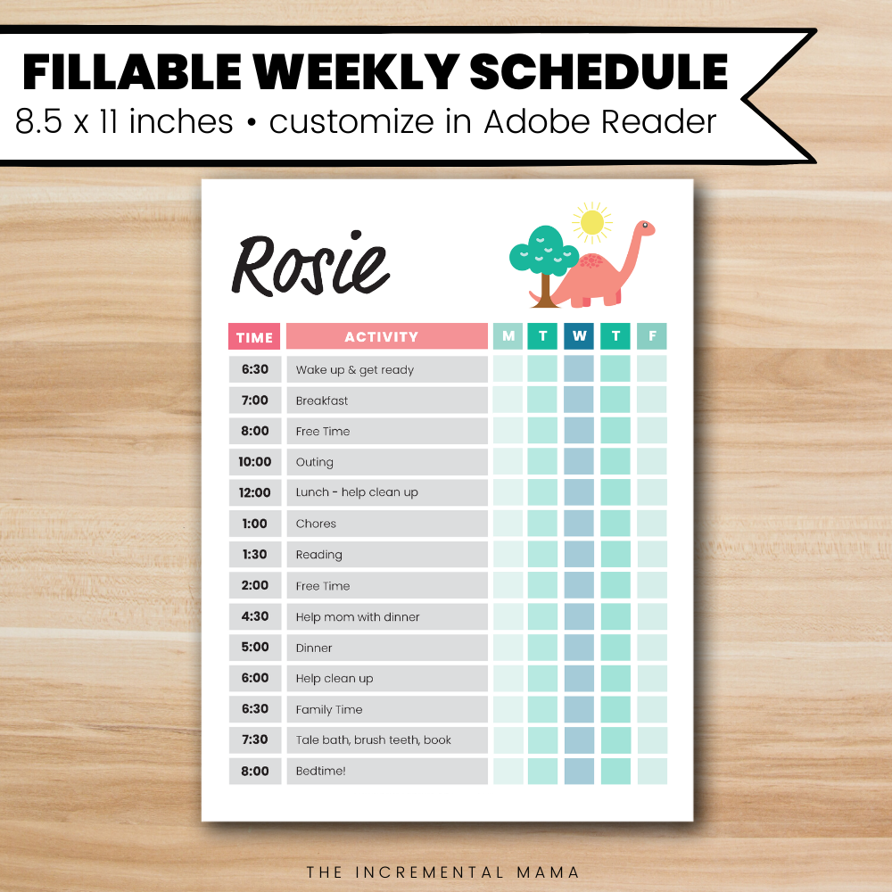 Pink Dino Kid's Daily Schedule - Fillable Instant Download