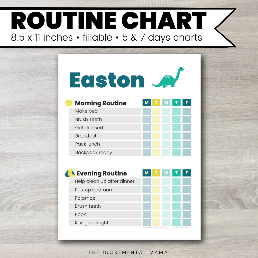 Dino Morning/Evening Routine Chart - Fillable Instant Download
