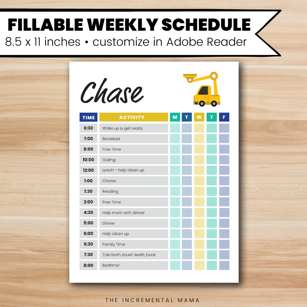 Tractor Kid's Daily Schedule - Fillable Instant Download