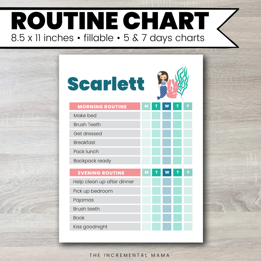 Mermaid Morning/Evening Routine Chart - Fillable Instant Download