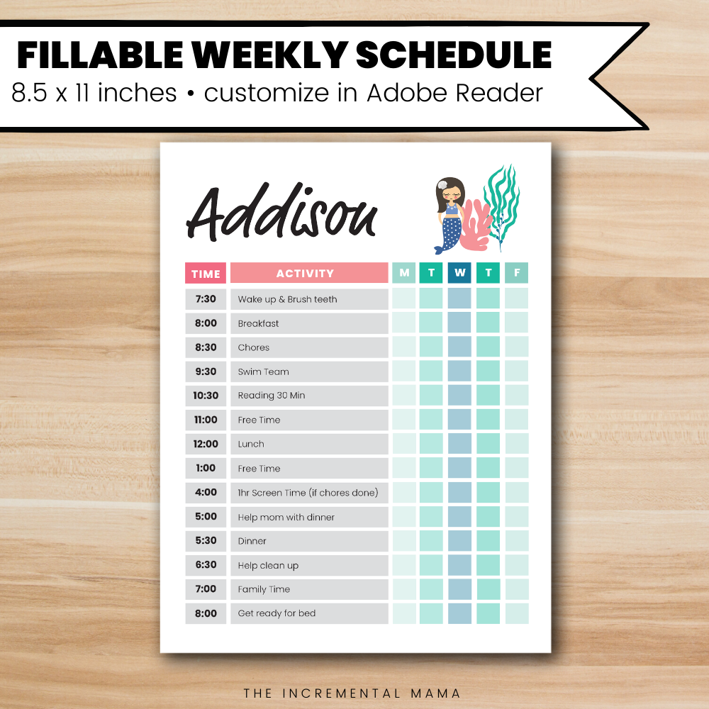 Mermaid Kid's Daily Schedule - Fillable Instant Download
